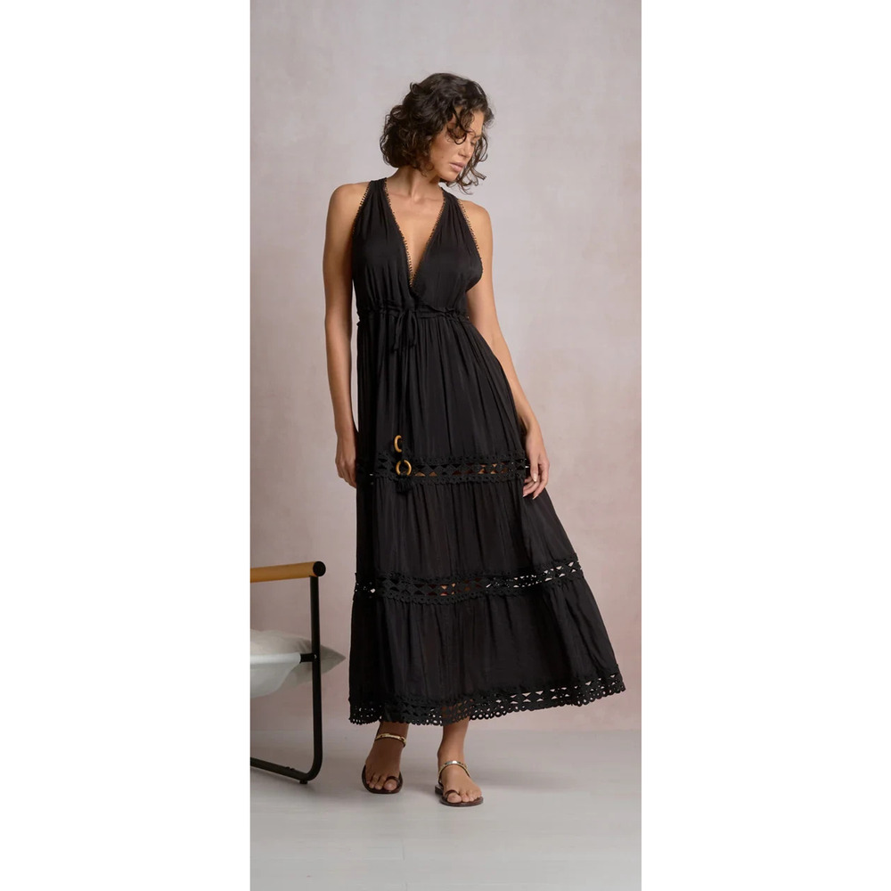 Elan Sz Small Maxi Halter Dress Black Eyelet Deep V-Neck Tiered Tie Waist New